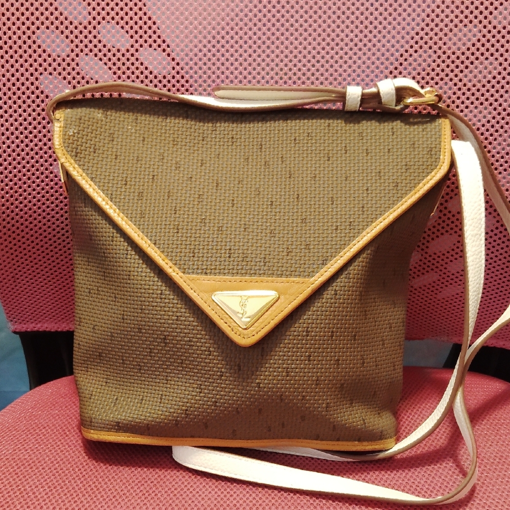 Yves Saint Laurent Olive Green Canvas Crossbody with Tan Trim